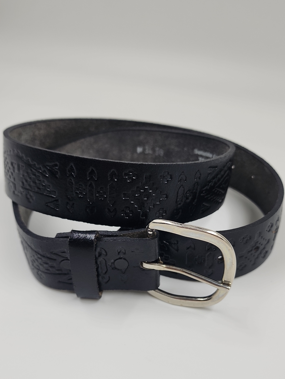 Black Embossed Leather Men's Belt with Silver Buckle